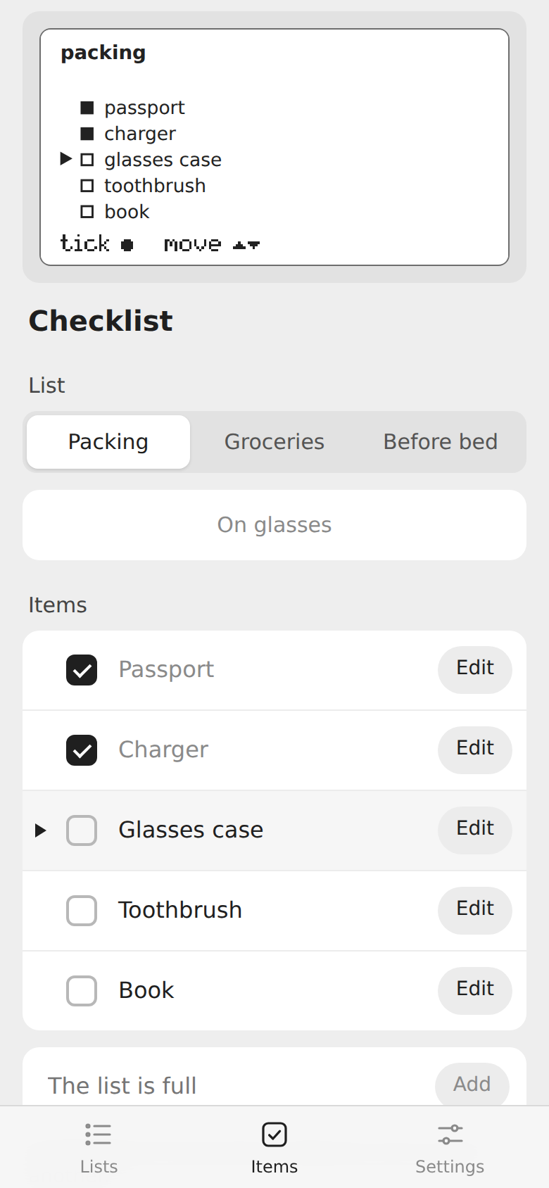 Checklist's phone page on the Items tab: the glasses preview, the list picker, and five items with tick boxes and Edit buttons.